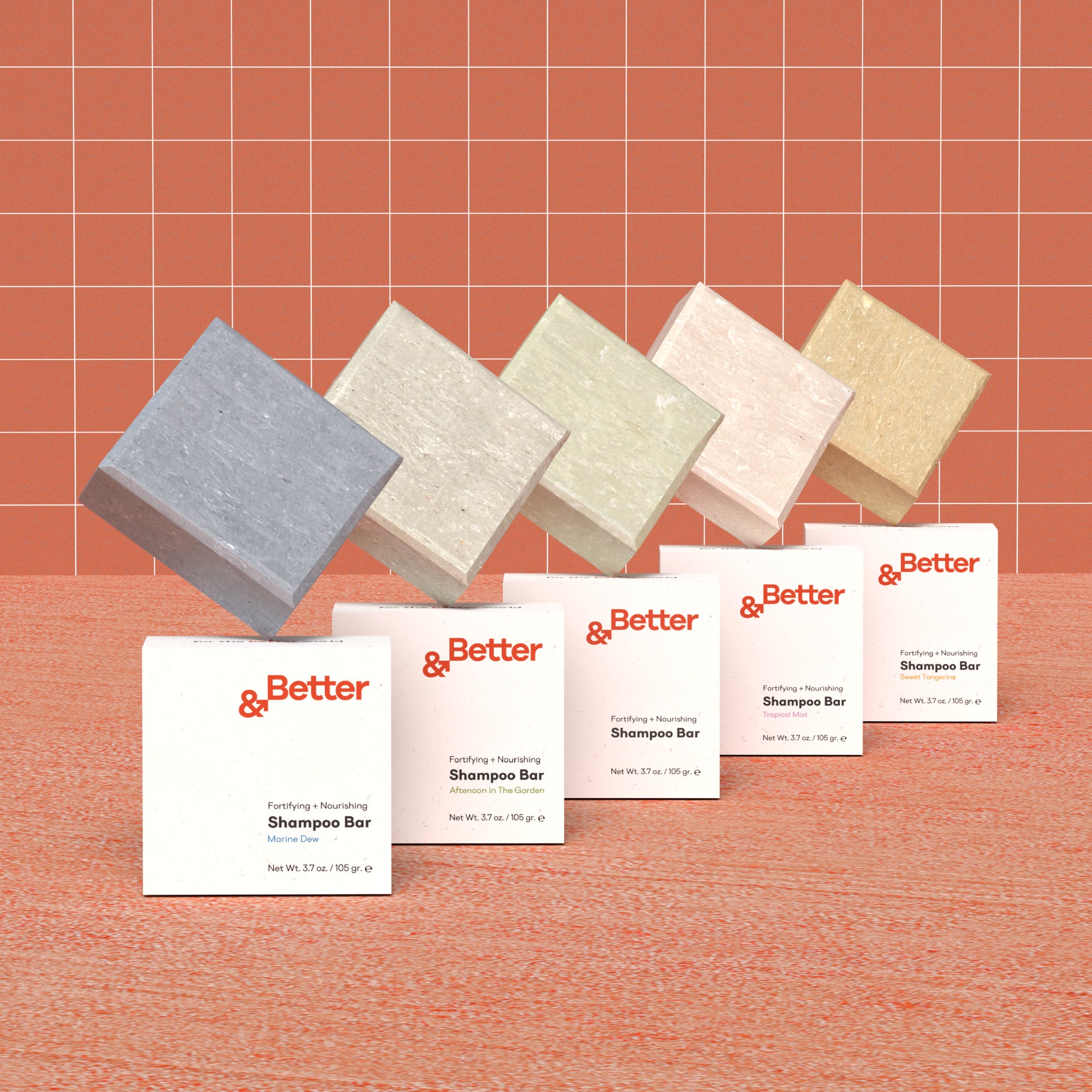 Sunlit grid of shampoo bars and boxes on a warm and bright day. Multiple shampoo bars and boxed sets are arranged diagonally,