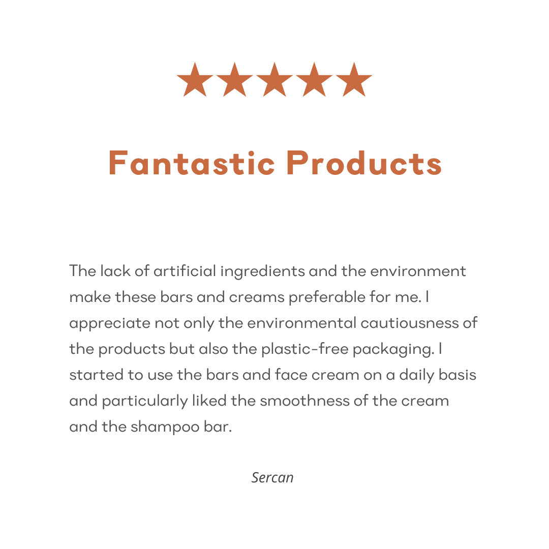 Screenshot of a 5-star Amazon customer review for &Better's Looks All-Natural Face Cream. The customer states 'Fantastic products', praising the product's manly scent, all-natural ingredients, non-greasy texture, and moisturizing capabilities, indicating high customer satisfaction and effectiveness of the product