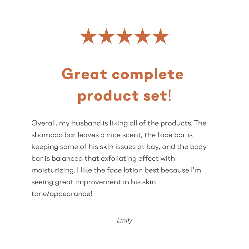 Screenshot of a 5-star Amazon customer review for &Better's Moment Gift Set, with the customer expressing their approval by stating 'Great Complete Product Set', indicating high customer satisfaction and the comprehensive nature of the gift set