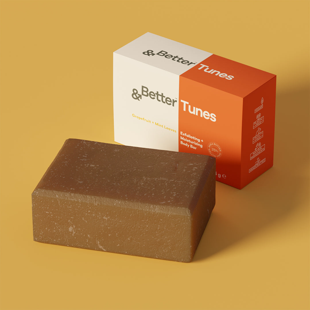 &Better Tunes Exfoliating + Moisturizing Body Bar. Our natural body bar is made with high-quality ingredients, premium essential oils, and powered with kelp powder and pumice. Natural formula cleans and hydrates your skin and offers a spa-grade sensorial experience. The cold processed body bar preserves the benefits of hand-harvested, organic, and sustainably grown shea butter and other natural oils. Plastic-Free. Organic Shea Butter