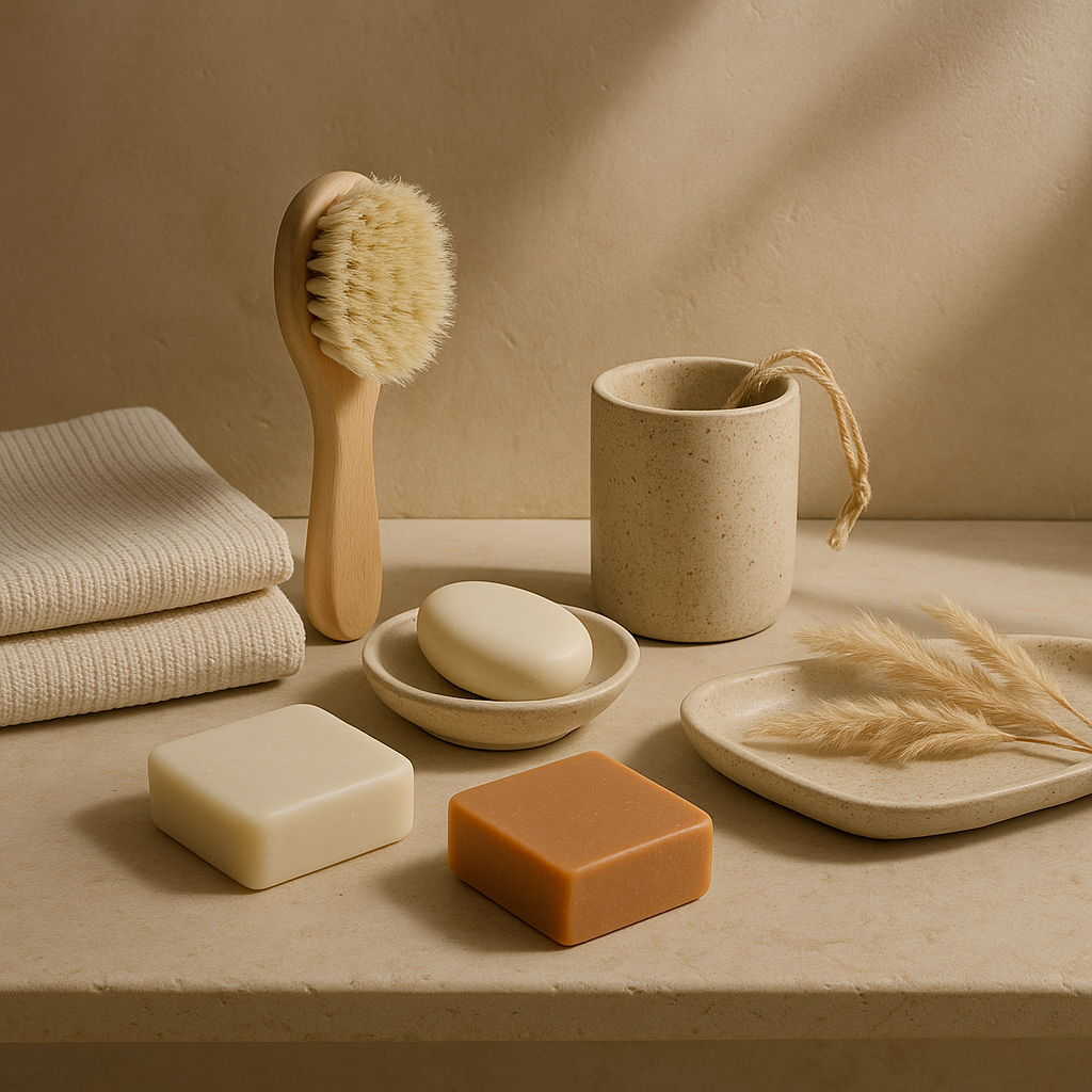 Eco‑friendly bathroom flat lay with solid bars on stone, wooden brush and ceramics; gentle morning light