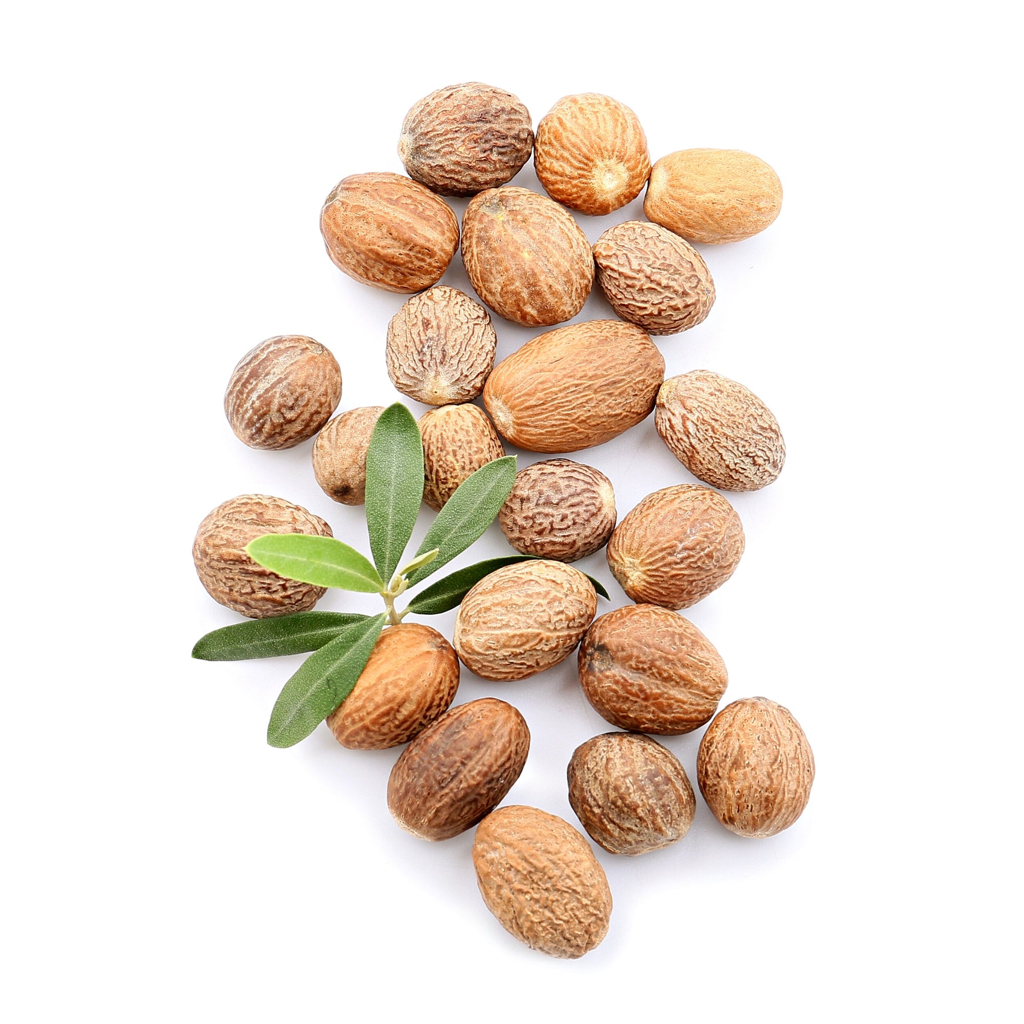 Image of a heap of shea nuts on a white background, symbolizing the natural ingredients used in &Better's personal care products. The image represents the brand's commitment to harnessing the power of nature for a personal care experience that resonates with the mind, body, and soul