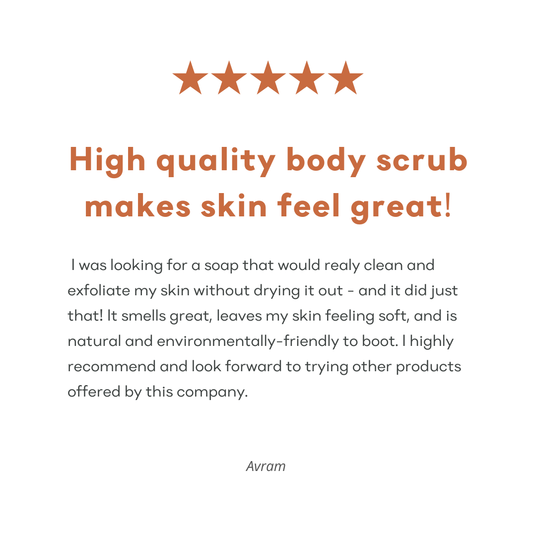 Screenshot of a 5-star Amazon customer review for &Better's Tunes Body Scrub Bar, with the customer praising the high quality of the product and stating 'High quality body scrub bar makes skin feel great', demonstrating the product's effectiveness and customer satisfaction