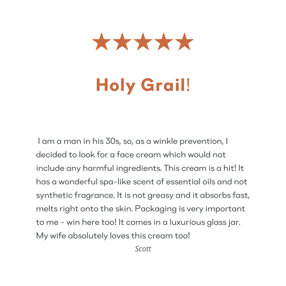 Screenshot of a 5-star Amazon customer review for &Better's Looks All-Natural Face Cream, with the customer exclaiming 'Holy Grail'. The review highlights the product's manly scent, all-natural ingredients, non-greasy texture, and moisturizing capabilities, indicating high customer satisfaction and effectiveness of the product.