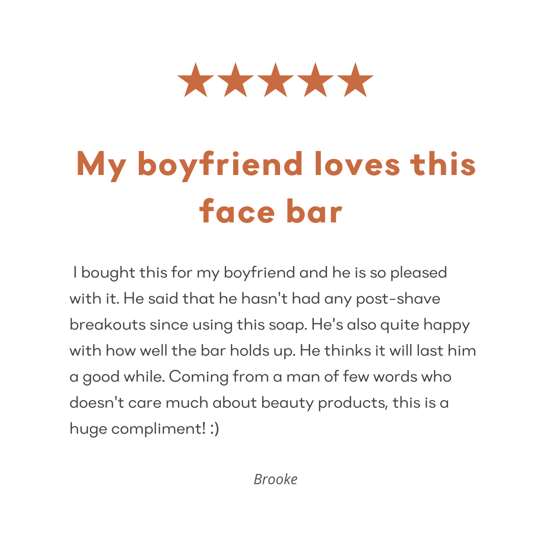 Screenshot of a 5-star Amazon customer review for &Better's Kisses Face Cleansing Bar. The customer, who purchased the product for her boyfriend, states 'My boyfriend loves the face bar', emphasizing the product's hydrating and exfoliating properties without clogging pores, indicating high customer satisfaction and effectiveness of the product.