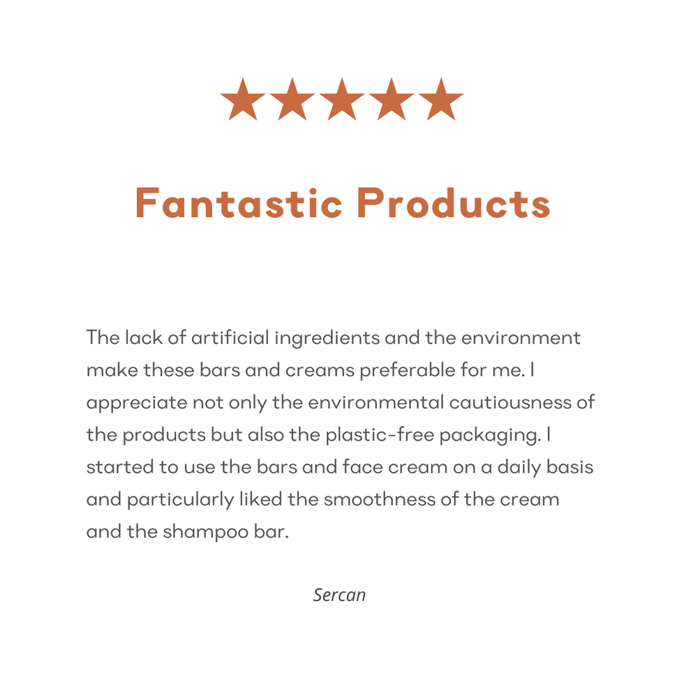 Screenshot of a 5-star Amazon customer review for &Better's Looks All-Natural Face Cream. The customer states 'Fantastic products', praising the product's manly scent, all-natural ingredients, non-greasy texture, and moisturizing capabilities, indicating high customer satisfaction and effectiveness of the product