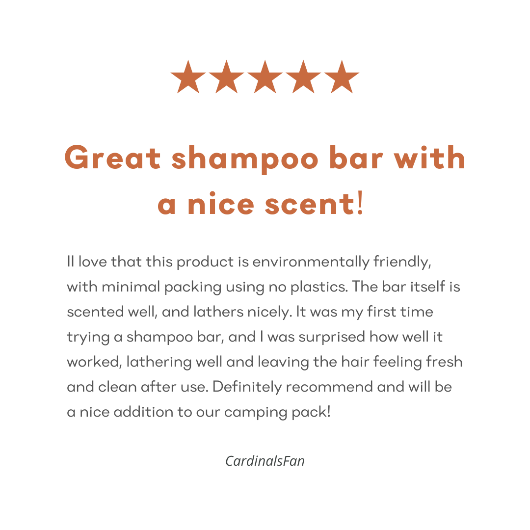 Screenshot of a 5-star Amazon customer review for &Better's Feels Shampoo Bar, with the customer stating 'Great Shampoo Bar with an amazing scent', highlighting the product's effectiveness and appealing fragrance, indicating high customer satisfaction