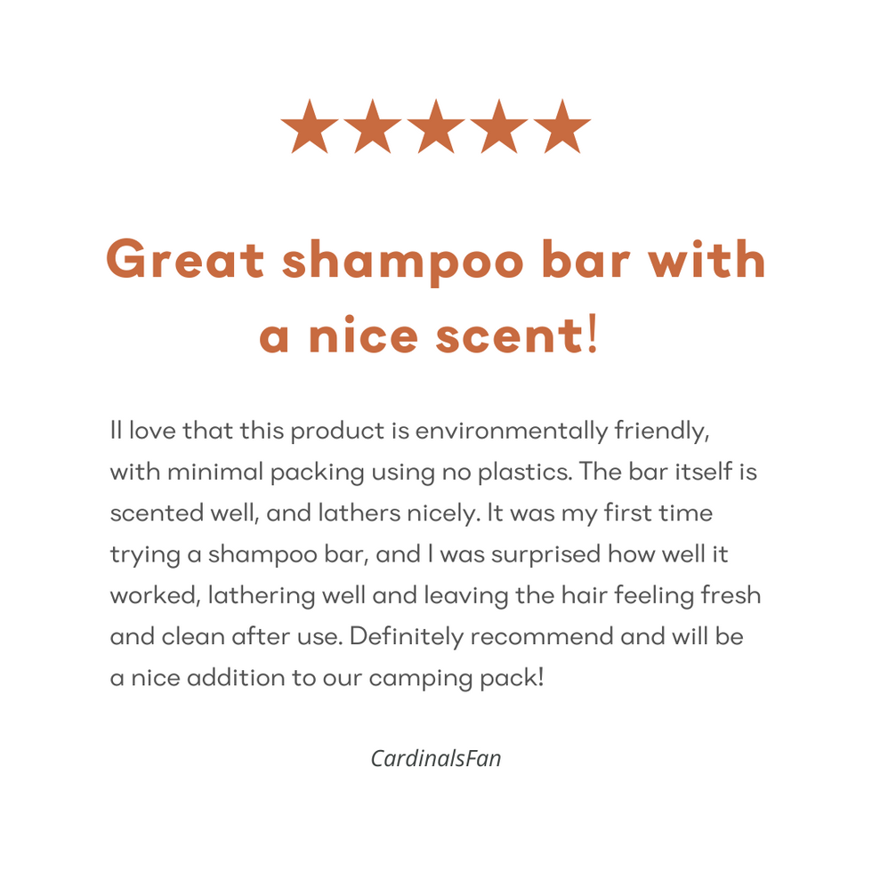 Screenshot of a 5-star Amazon customer review for &Better's Feels Shampoo Bar, with the customer stating 'Great Shampoo Bar with an amazing scent', highlighting the product's effectiveness and appealing fragrance, indicating high customer satisfaction