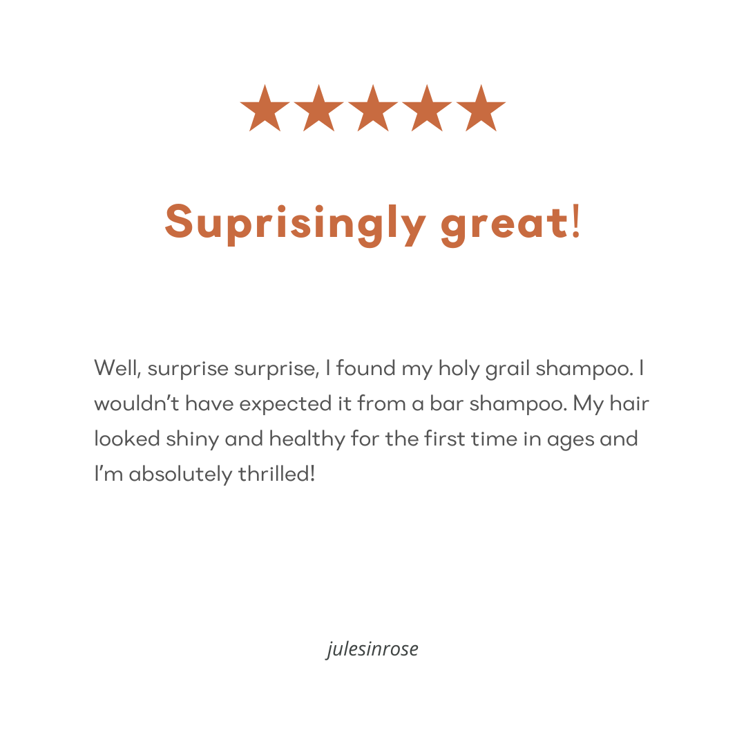 Screenshot of a 5-star Amazon customer review for &Better's Feels Shampoo Bar, with the customer expressing their pleasant surprise by stating 'Surprisingly Great', indicating high customer satisfaction and the product's effectiveness.
