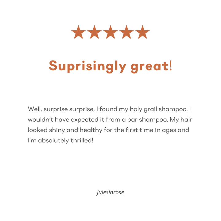 Screenshot of a 5-star Amazon customer review for &Better's Feels Shampoo Bar, with the customer expressing their pleasant surprise by stating 'Surprisingly Great', indicating high customer satisfaction and the product's effectiveness.